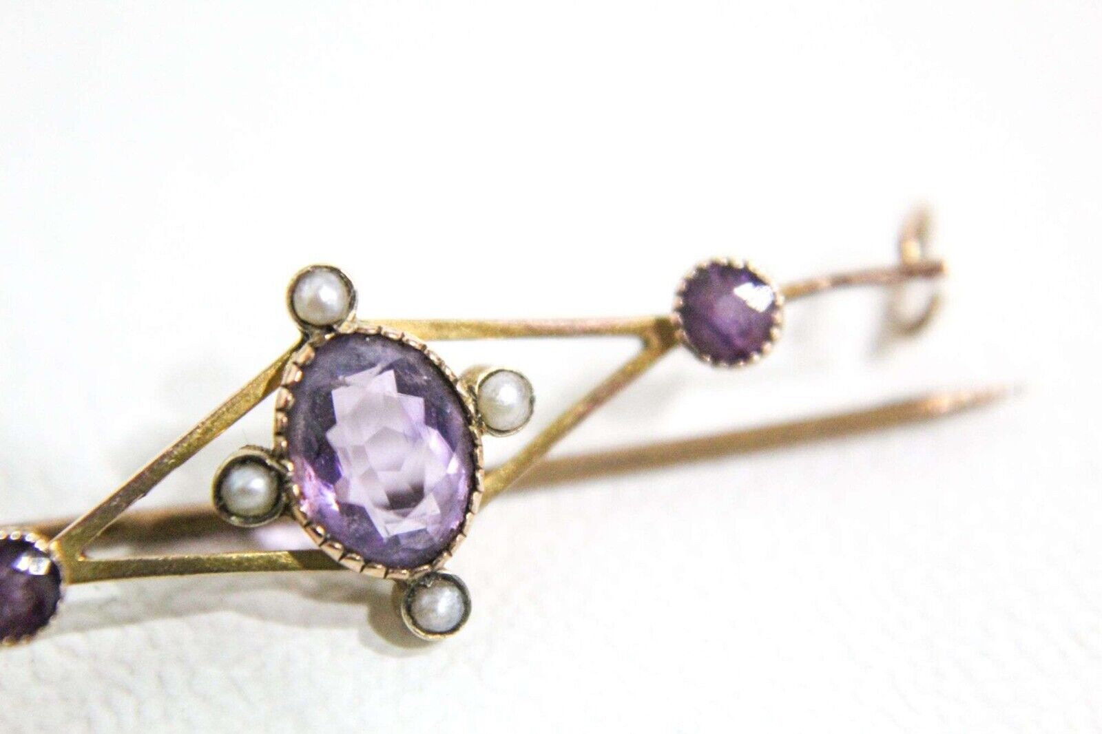 Antique Pin 9K Rose Gold Amethyst Seed Pearls - image 7