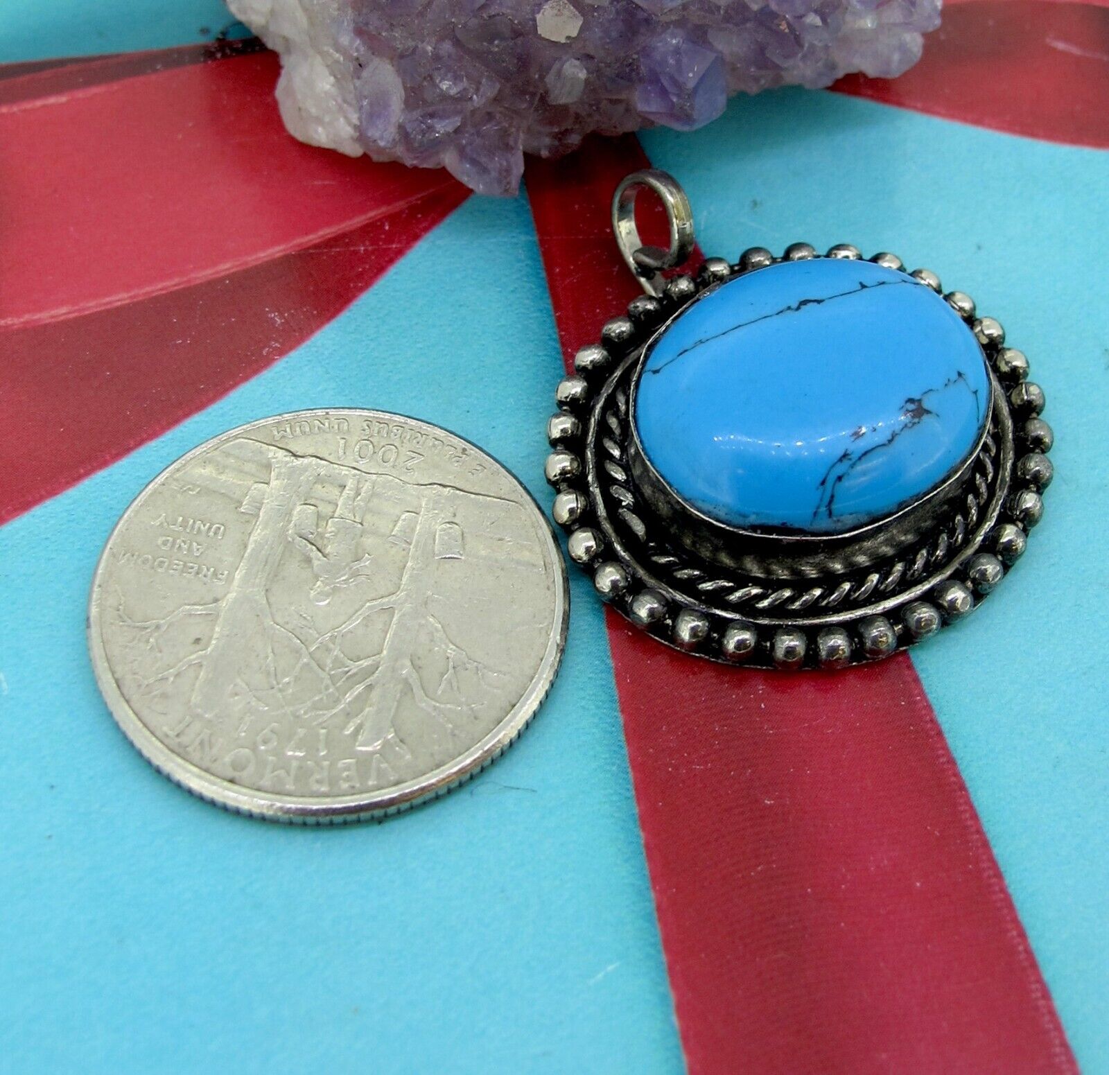 Vintage Sterling Silver Blue Turquoise Stone Pend… - image 5