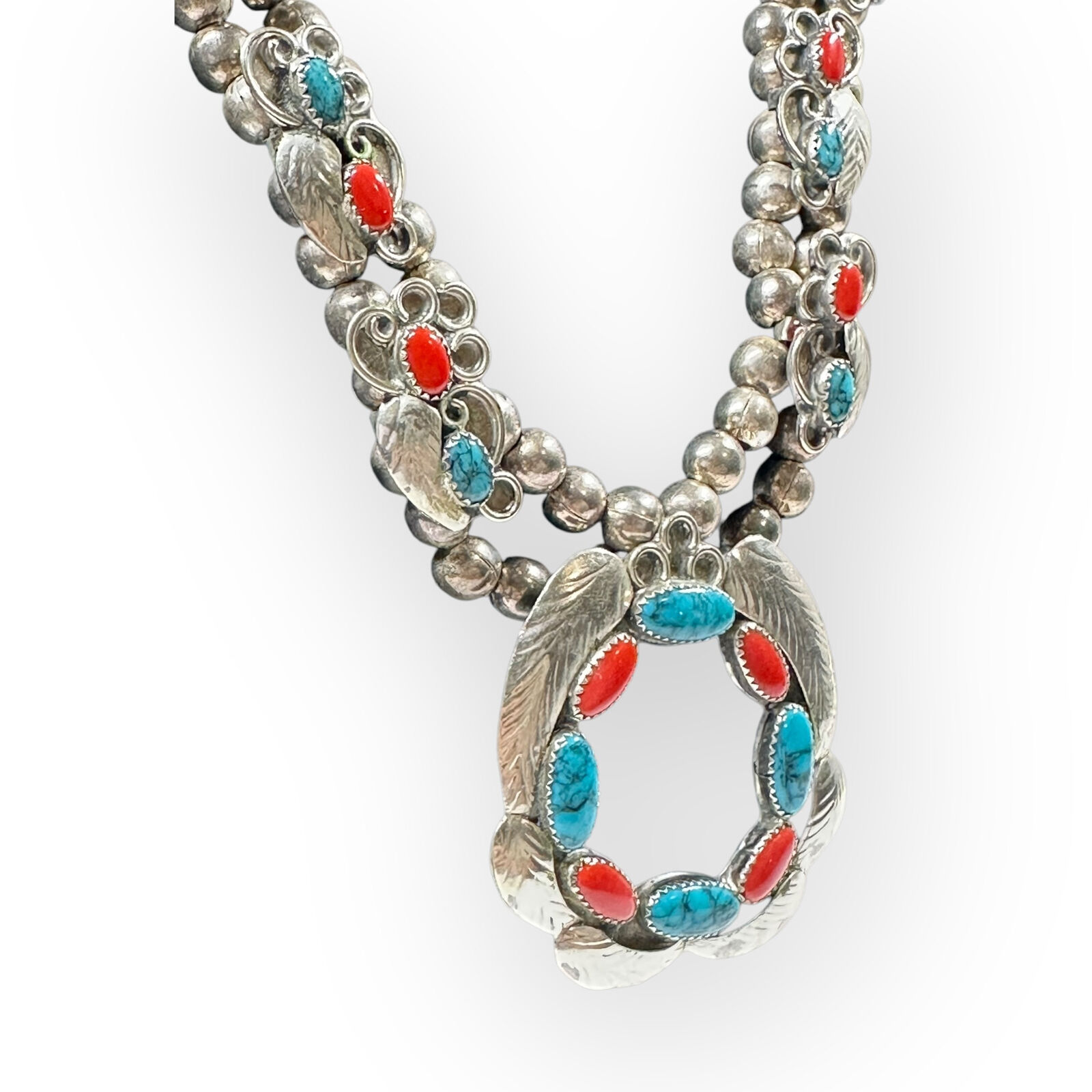 Turquoise + Coral Squash Blossom with Ring and Pa… - image 2