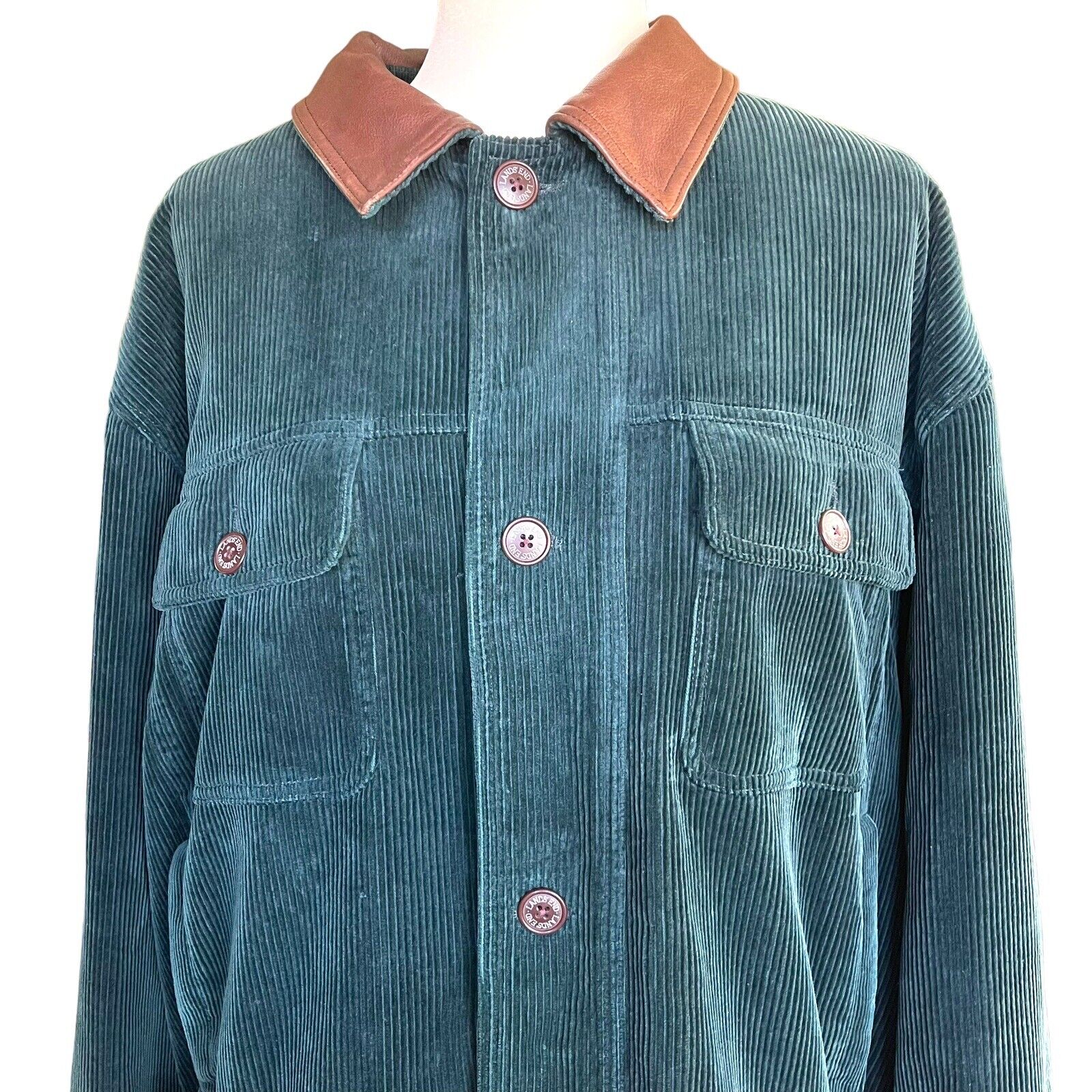 Vtg 90s Lands End Forest Green Corduroy Men’s Coa… - image 2