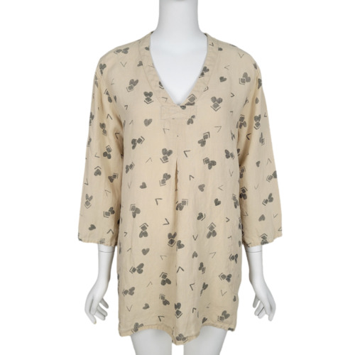 GUDRUN SJODEN Top M Beige Heart Print Linen 3/4 S… - image 1