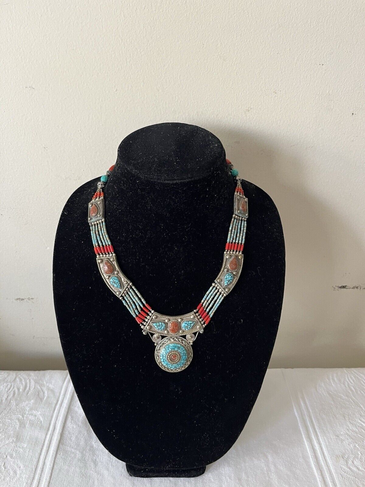 Vintage Tibetan Silver Necklace with Coral and Tu… - image 3