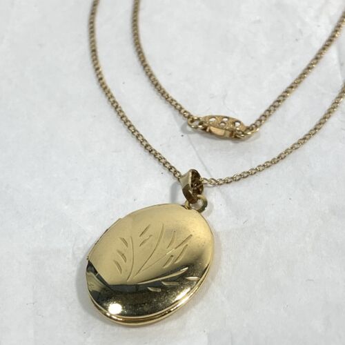 Vintage 12K GF Oval Locket Pendant 16" Chain Etch… - image 1