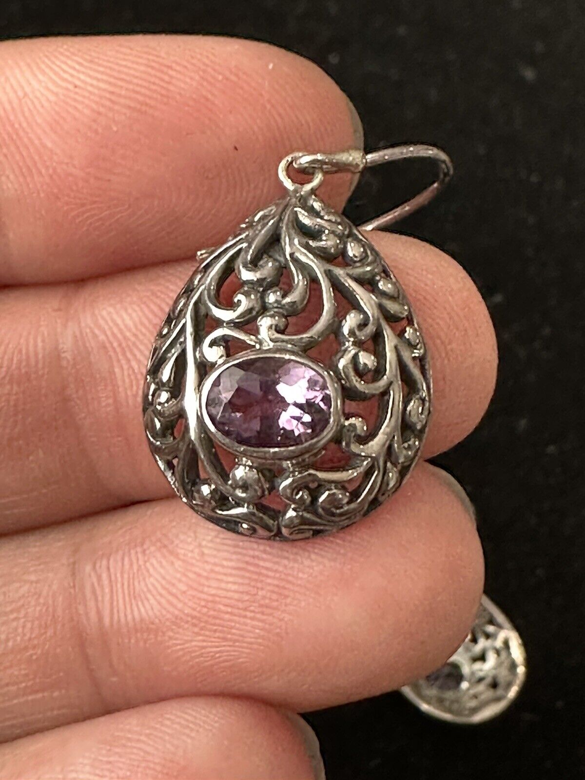 Vtg sterling silver 925 amethyst filigree drop da… - image 3