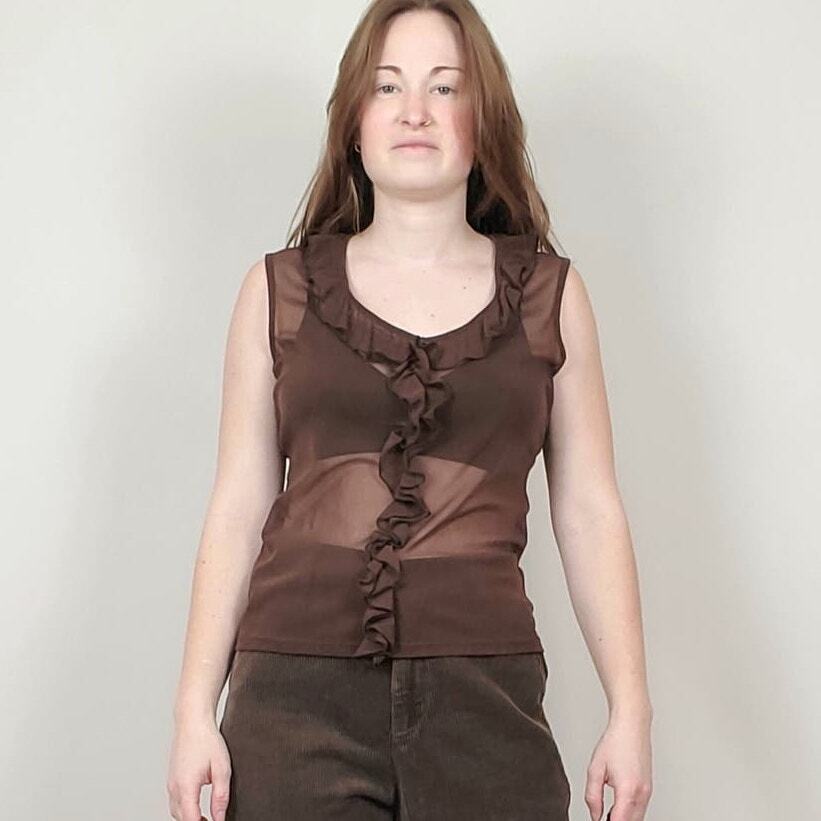 Vintage 90s Y2K Chocolate Brown Sheer Mesh Ruffle… - image 4