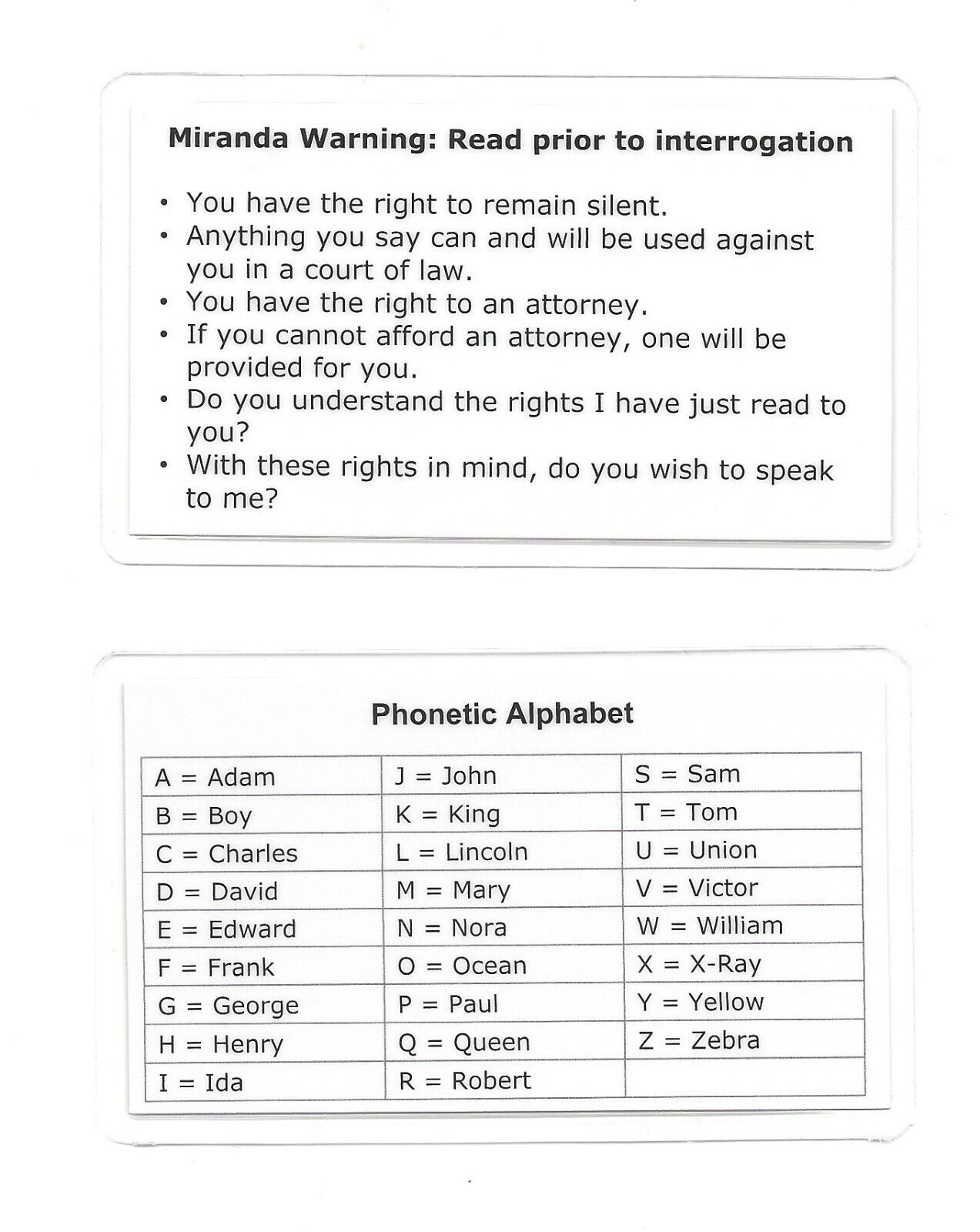 Miranda Warning (Rights) & Phonetic Alphabet Card / LE / CHP / Sheriff ...