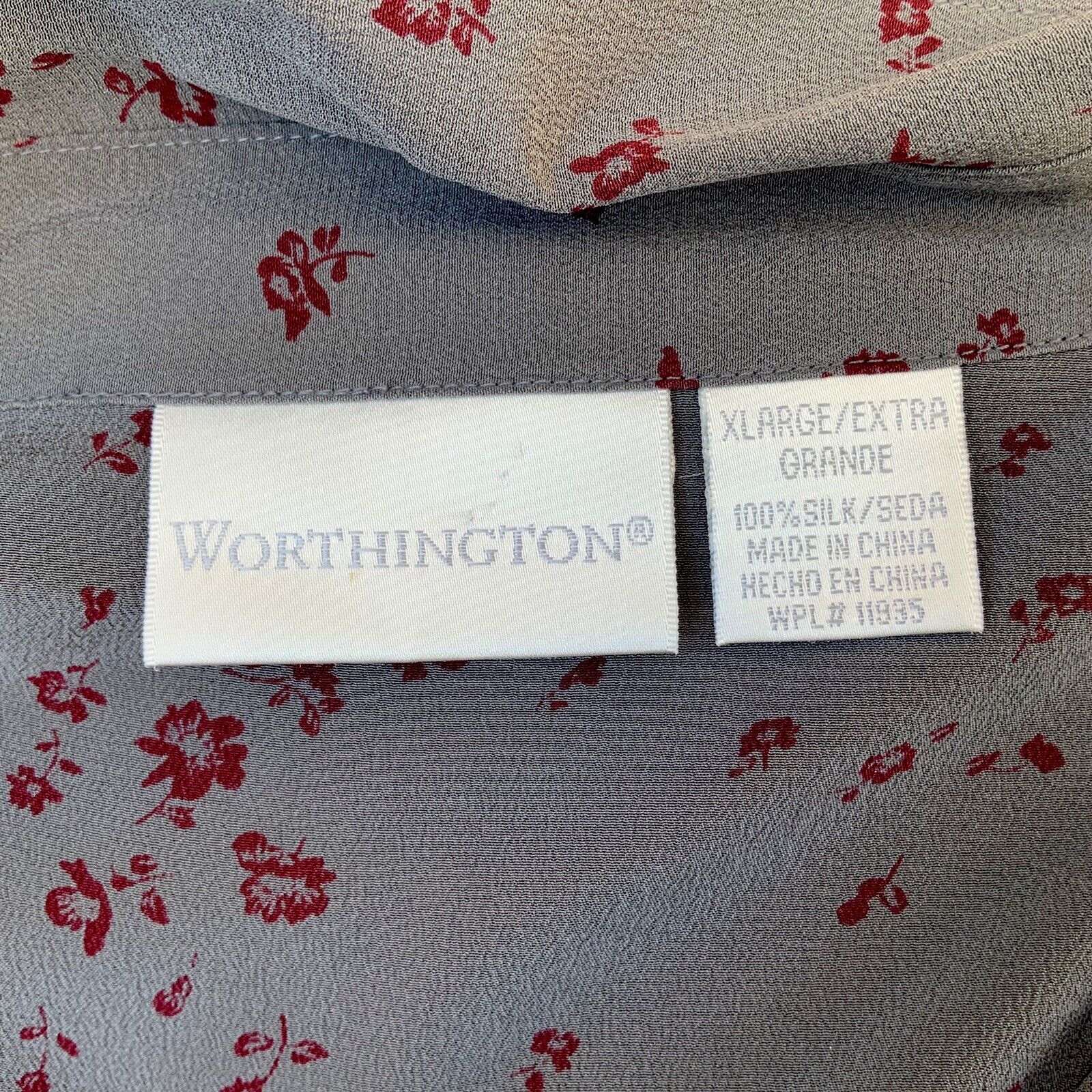 Worthington 100% Silk Size XL Gray Floral Button … - image 2