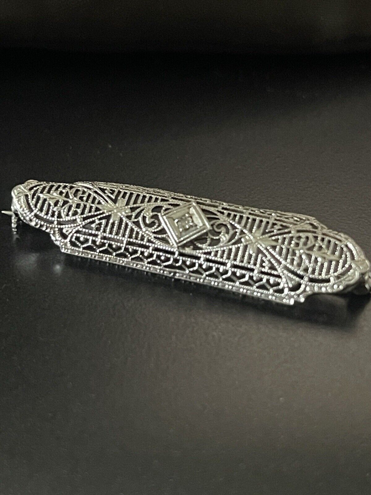 Antique White Gold Art Deco Brooch filigree bar W… - image 1