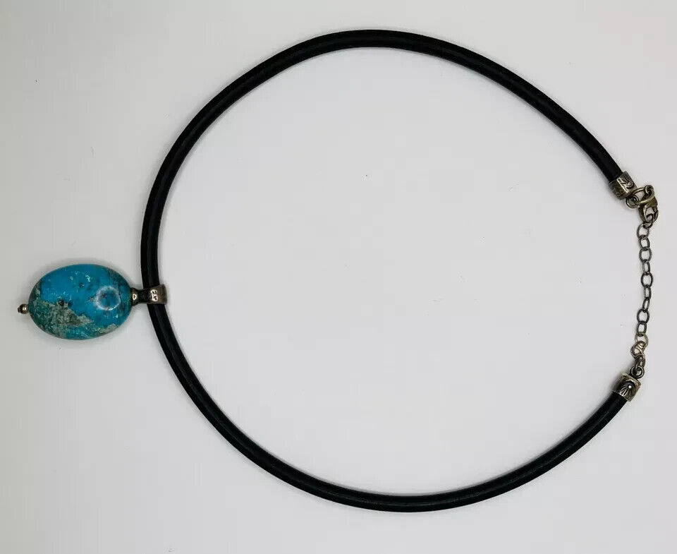 VTG 925-SS & Pyrite Turquoise Pendant Leather Nec… - image 5