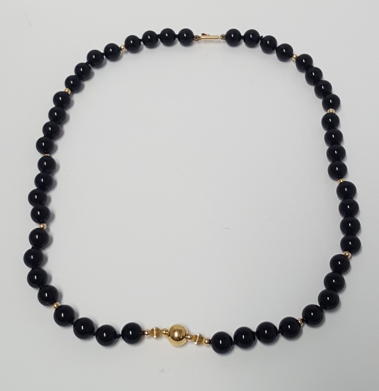 14K Gold Station Black Onyx 8mm Bead Necklace Han… - image 4