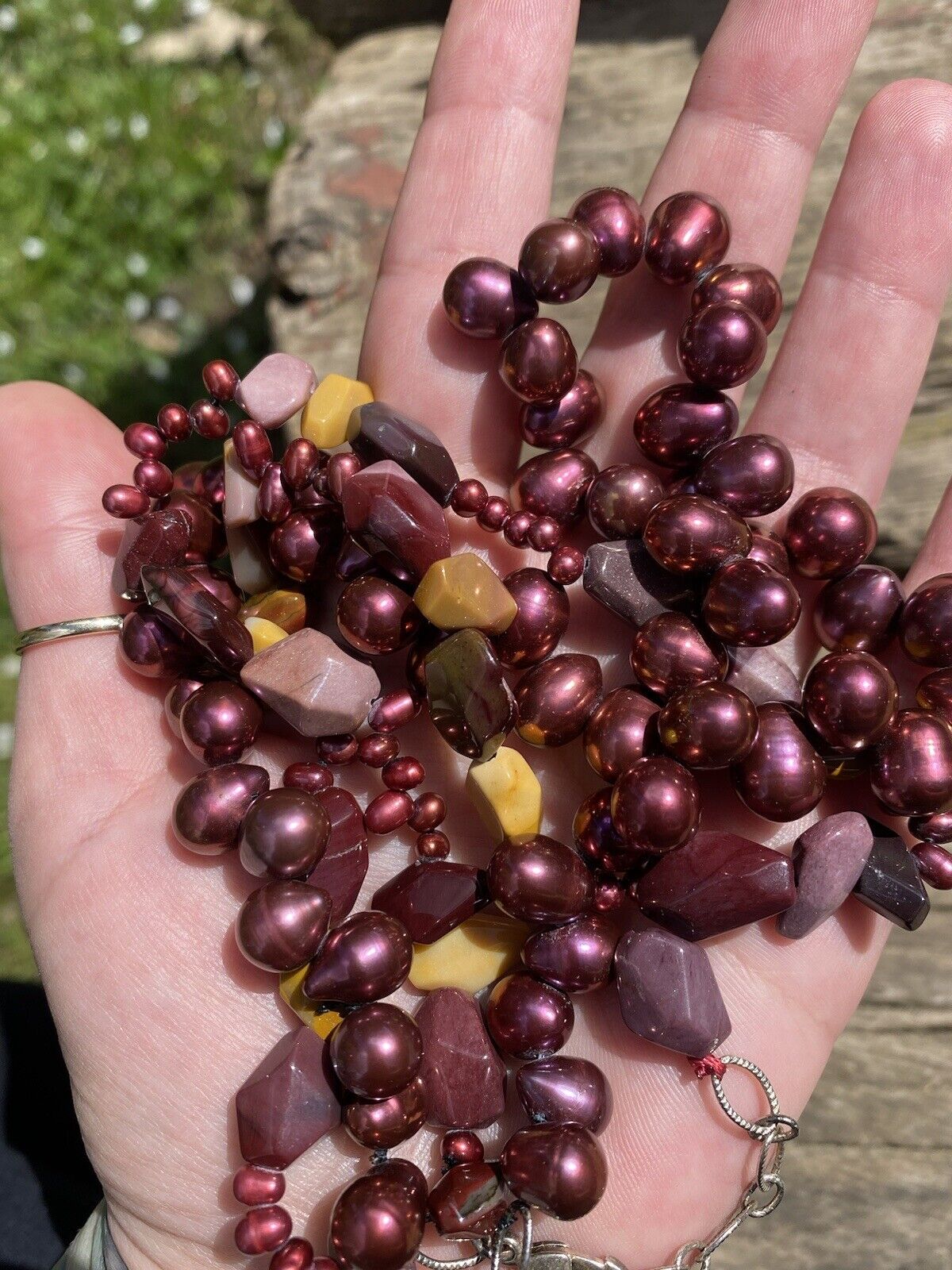 Vintage natural freshwater pearl + jasper stone M… - image 6