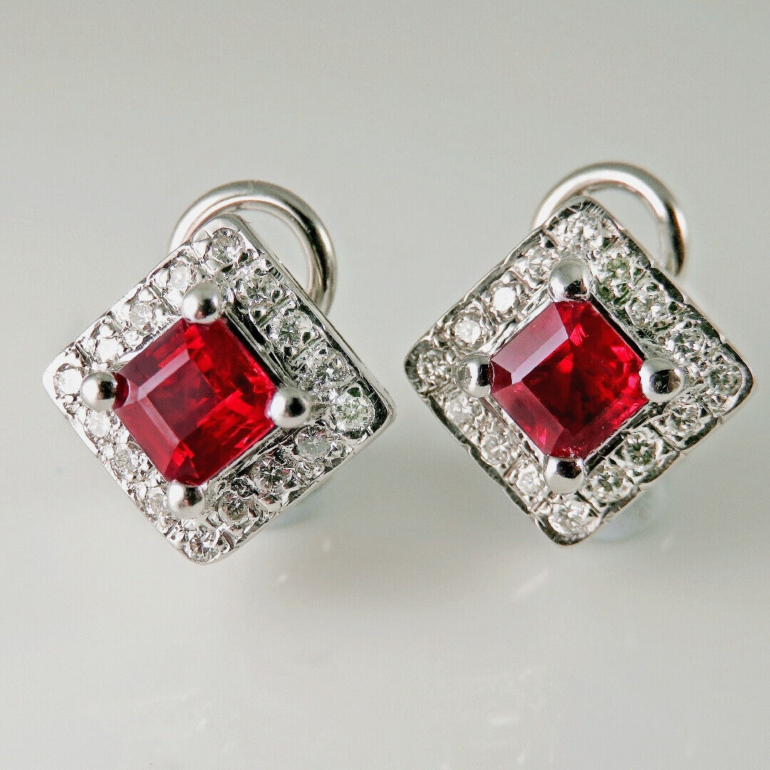 Natural Ruby Diamond Earrings 18K White Gold Squa… - image 2