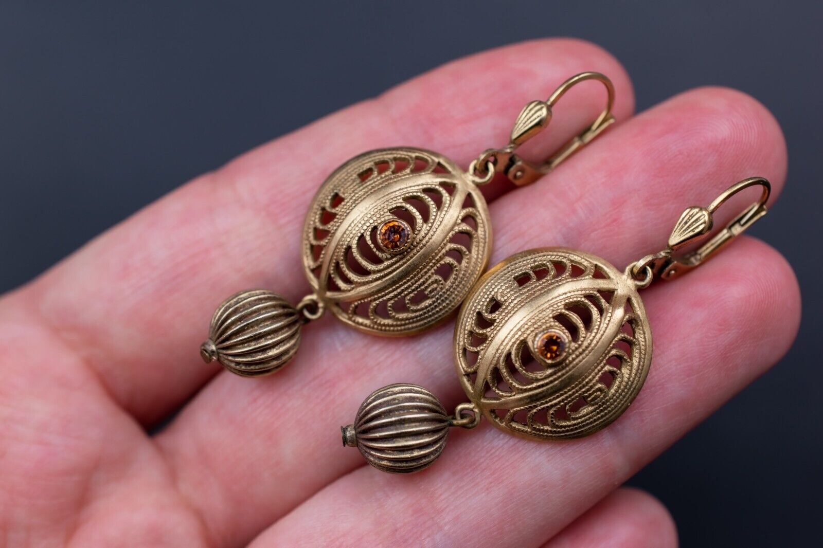 Gold filigree earrings dangle, fancy golden circl… - image 12