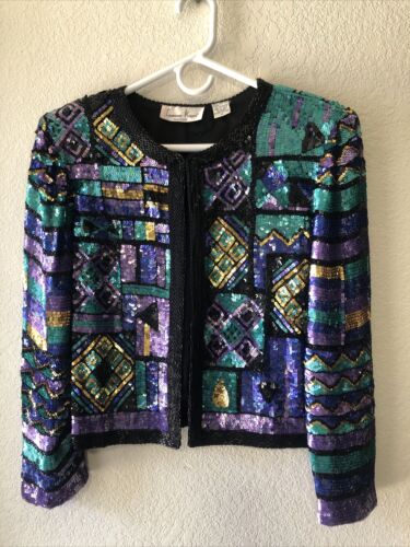 Vtg Jacket Lawrence Kazar 100% Silk Sequin Beaded… - image 1