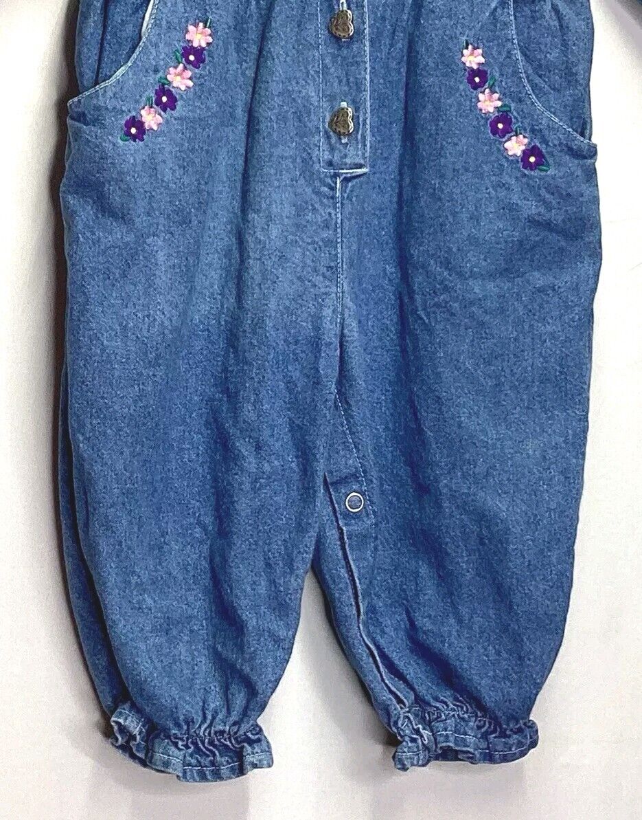 Vtg CUDDLE BEAR Denim Romper Embroidered Flowers … - image 4