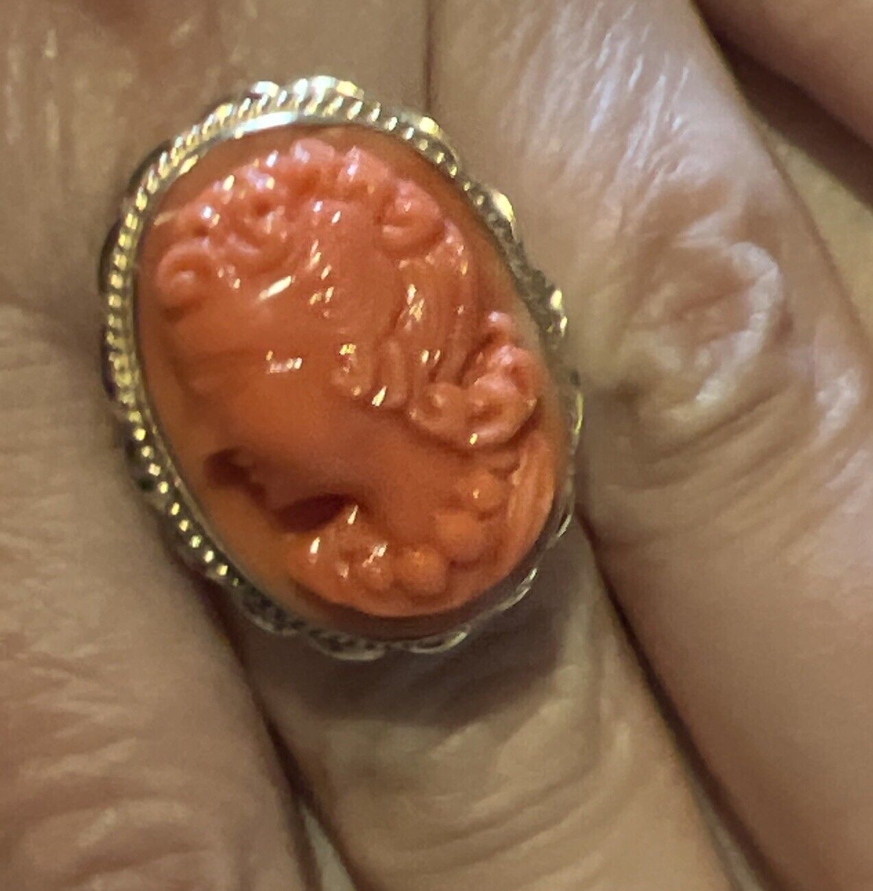 Large Estate Antique 14k Carved Salmon Coral Came… - image 8