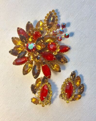 DAZZLING VINTAGE RHINESTONE ORANGE TOPAZ BROOCH & 