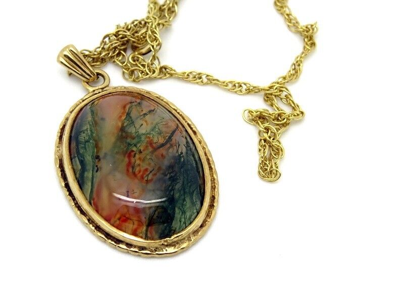 9ct Yellow Gold Moss Agate 80's Pendant + 9ct Cha… - image 7