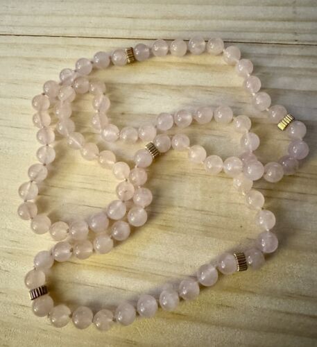 Vintage Hand-Knotted 14k Gold & Rose Quartz Beade… - image 1