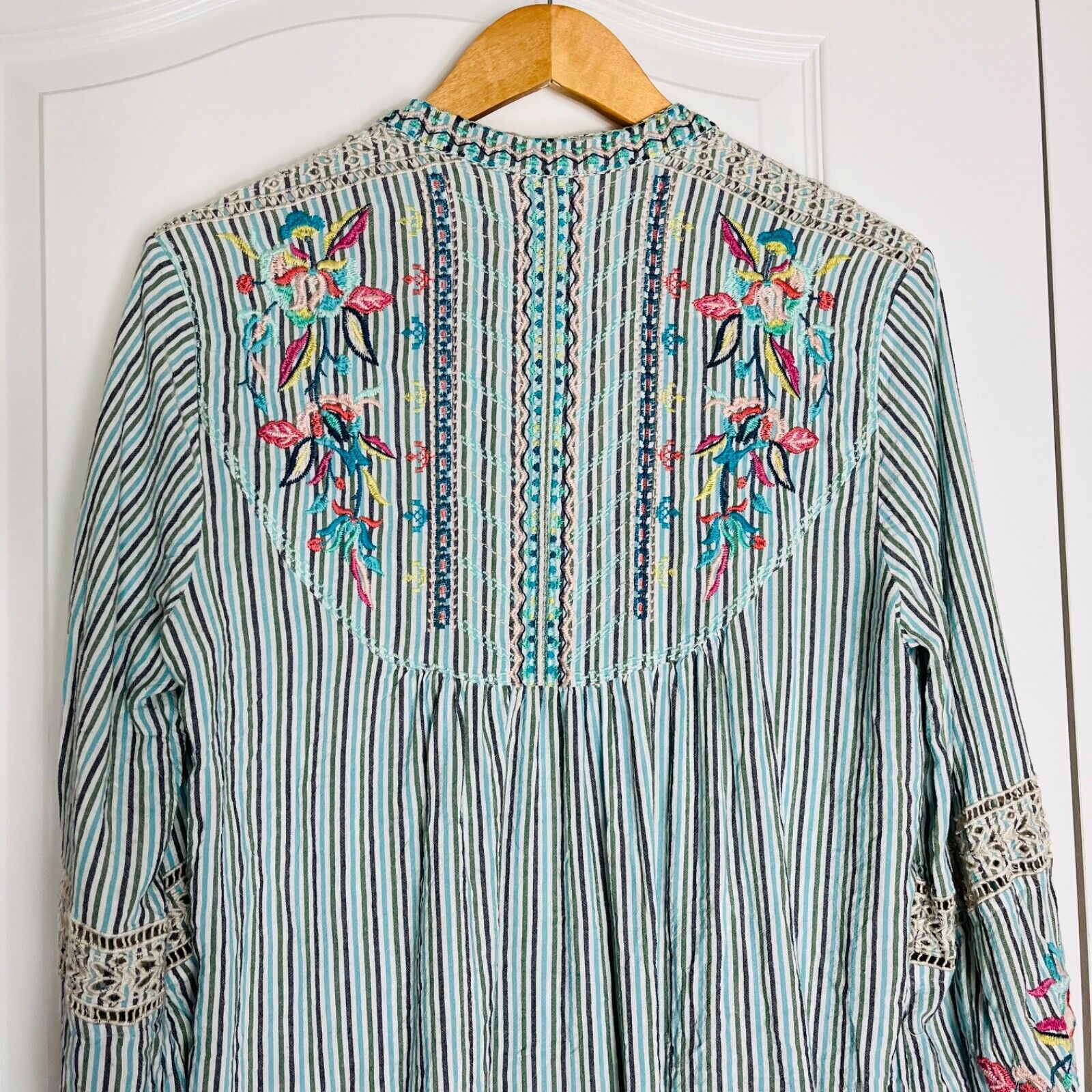 Johnny Was Striped Embroidered Floral Blouse Turq… - image 5