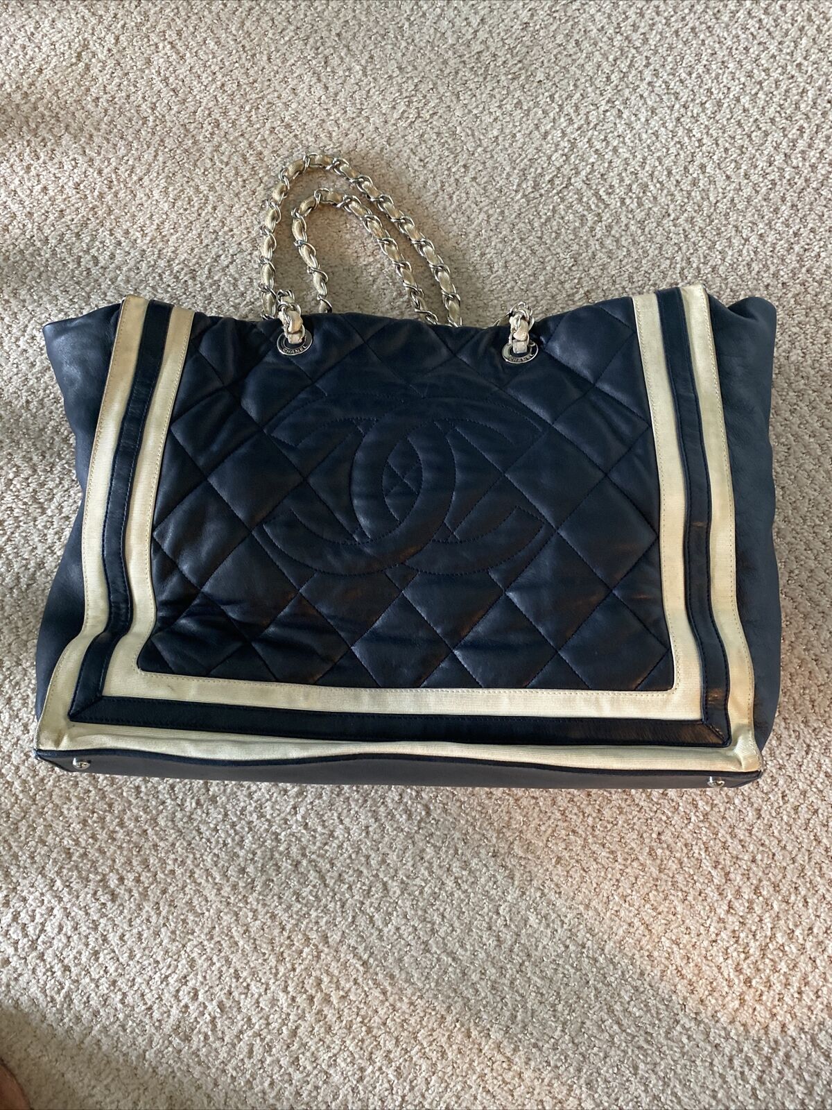 Dark Blue Large Rare Authentic CHANEL Lamb Skin M… - image 3