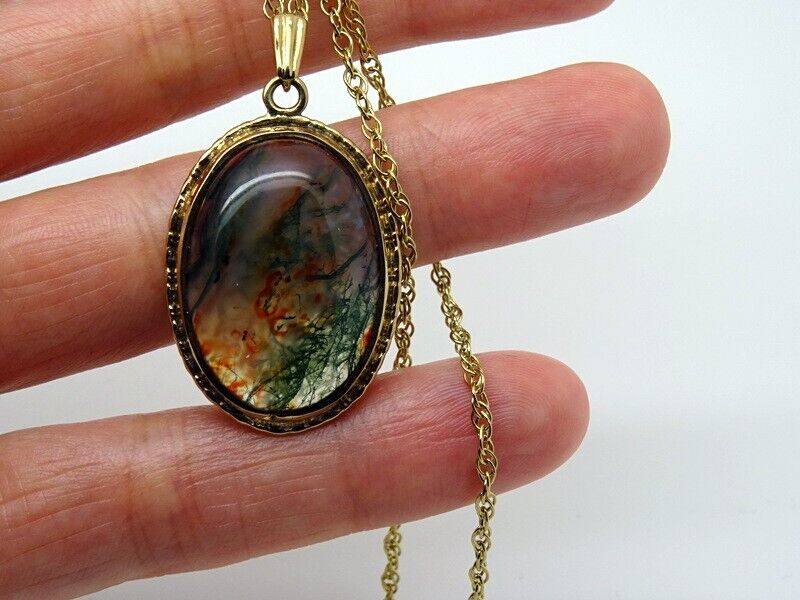 9ct Yellow Gold Moss Agate 80's Pendant + 9ct Cha… - image 11