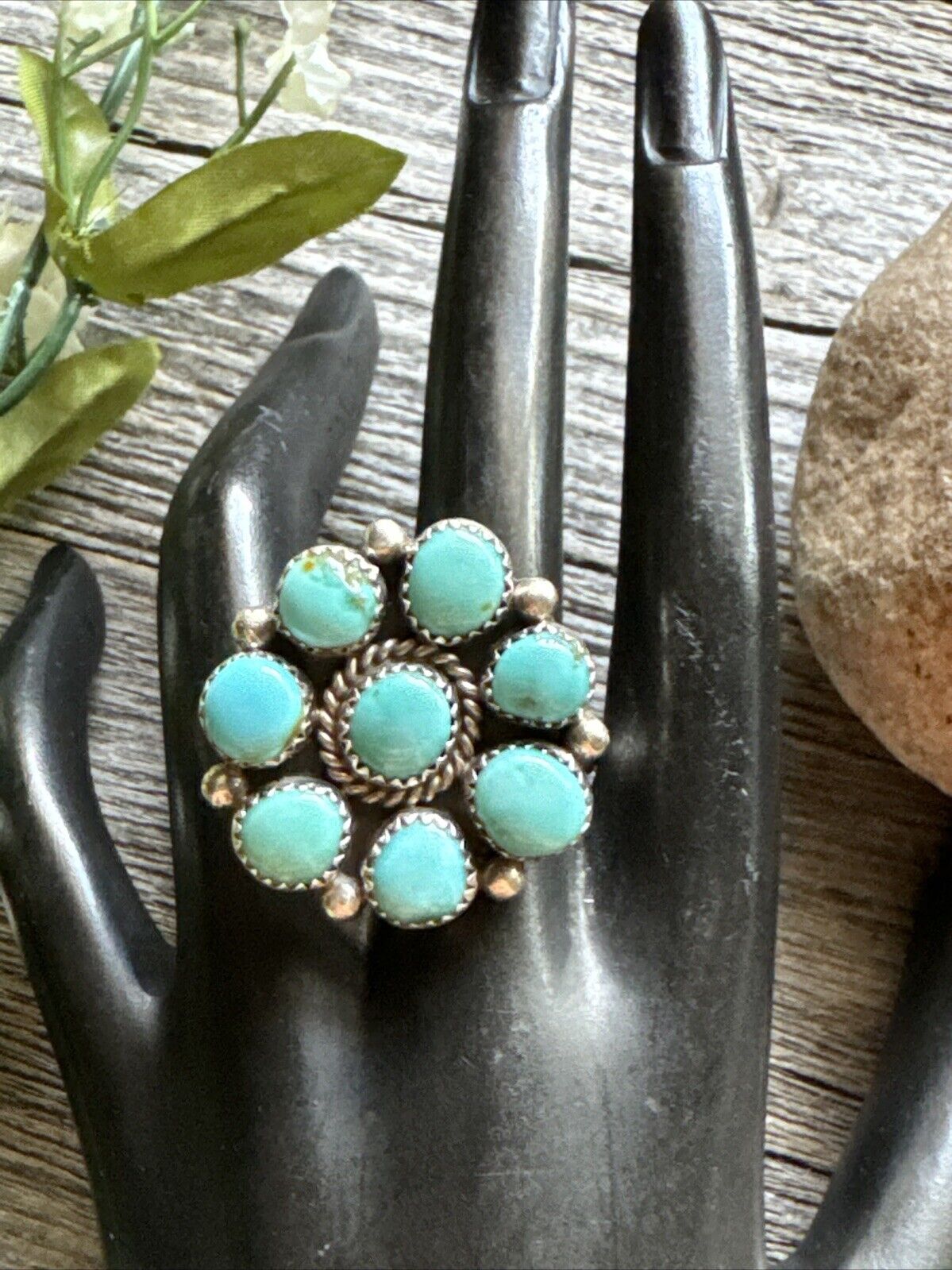 Navajo Sterling Silver Turquoise Cluster Adjustab… - image 6