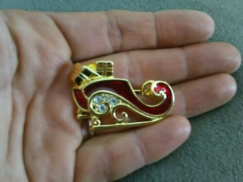 TRIFARI SIGNED GOLD RED ENAMEL RHINESTONE SLED SL… - image 1