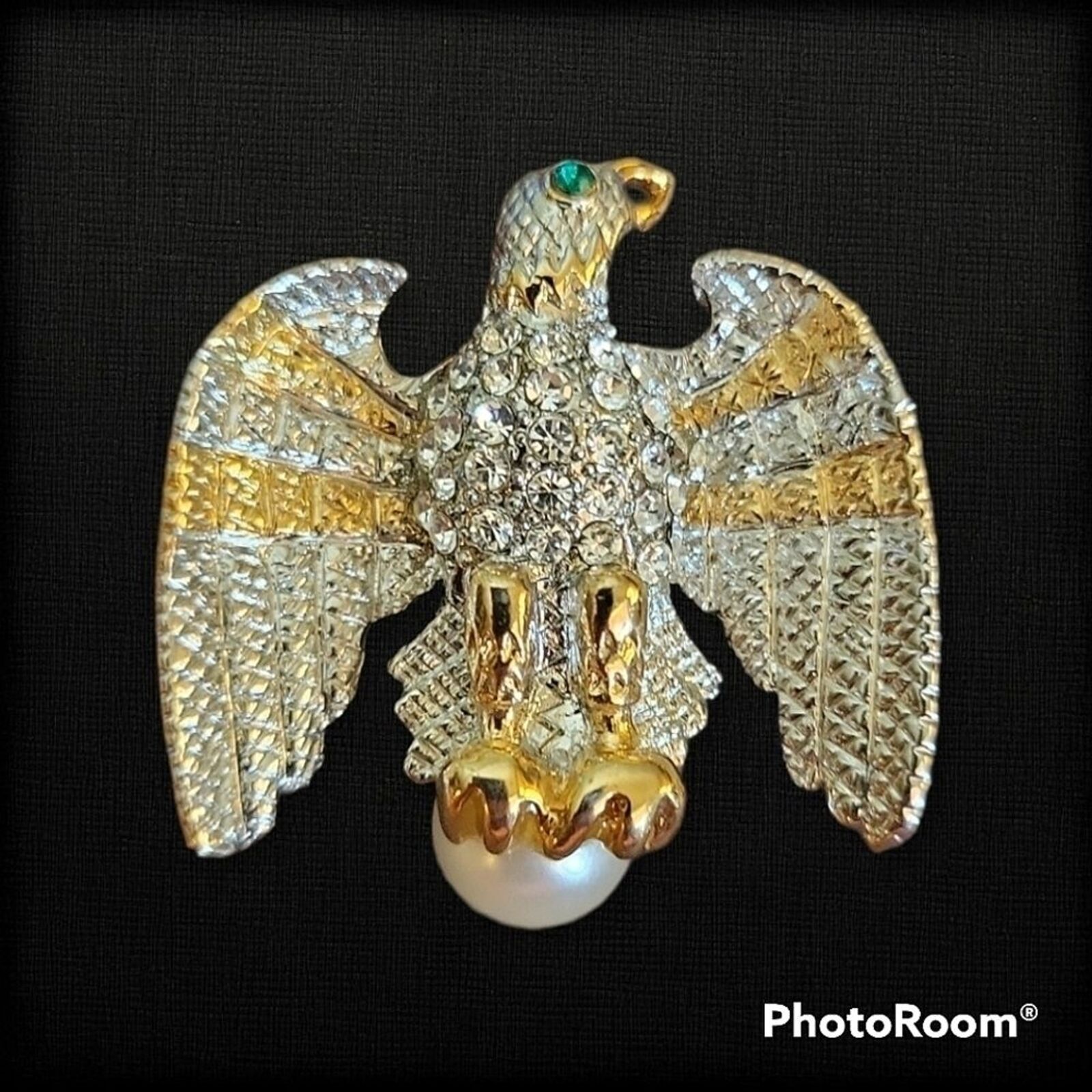 Vtg Eagle Perched on Pearl Rhinestone Fantasy Cos… - image 1