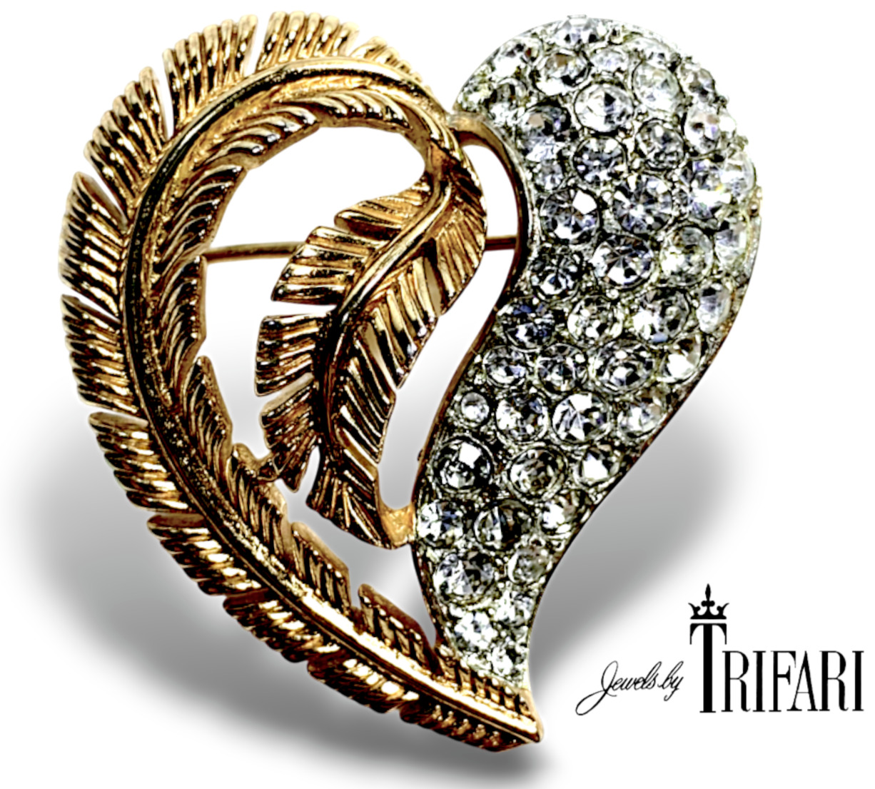 Rare VTG 50s Trifari Feather Heart Pave Crystal R… - image 1