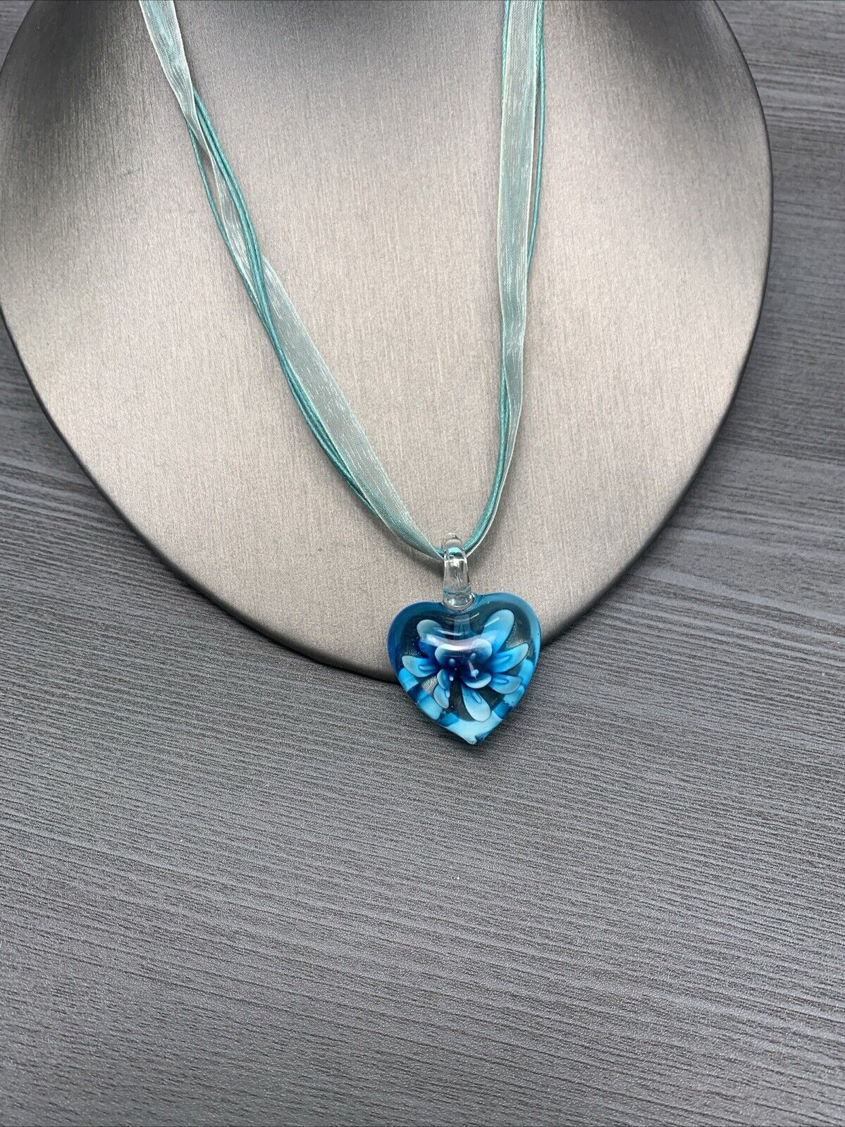 Vintage Blue Aqua Heart Art Glass Pendant Necklac… - image 5