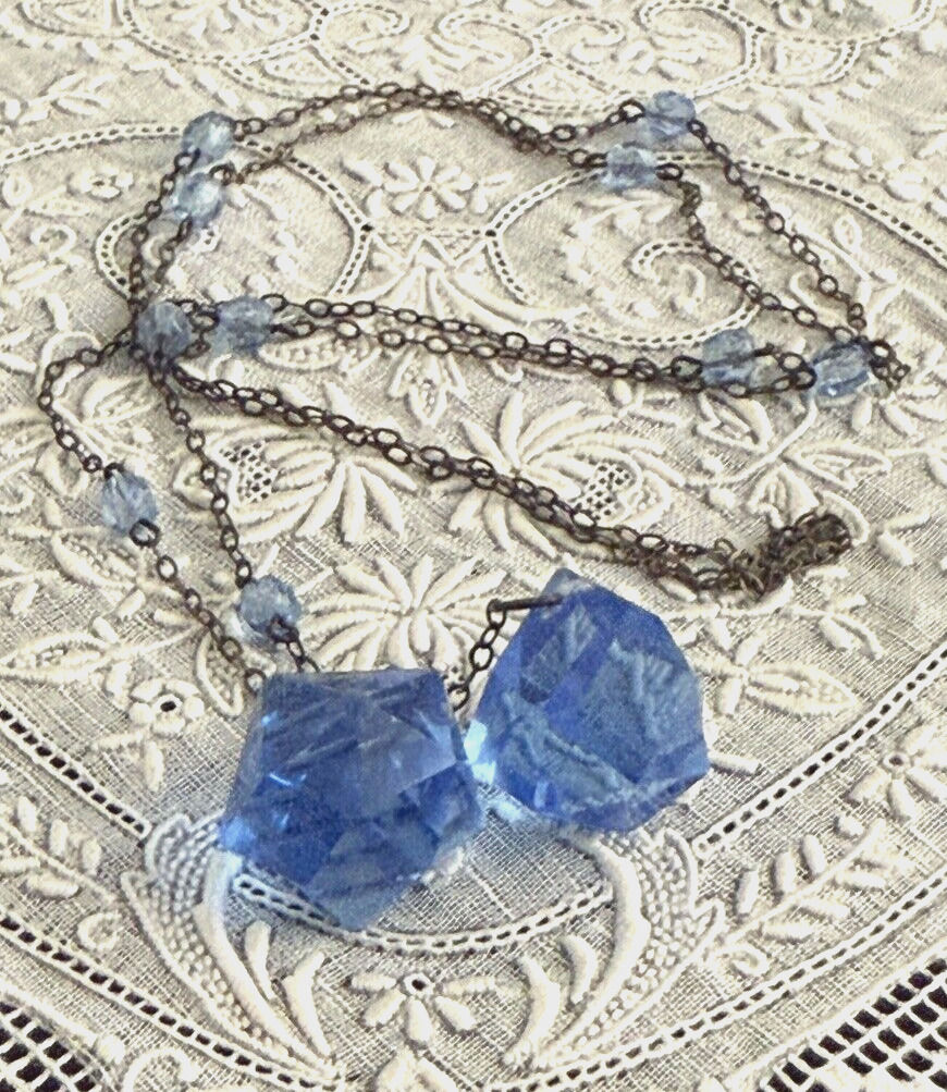 Antique Art Deco Long Blue Faceted Czech Crystal … - image 5