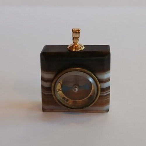 ANTIQUE BANDED AGATE SQUARE COMPASS FOB PENDANT - image 1