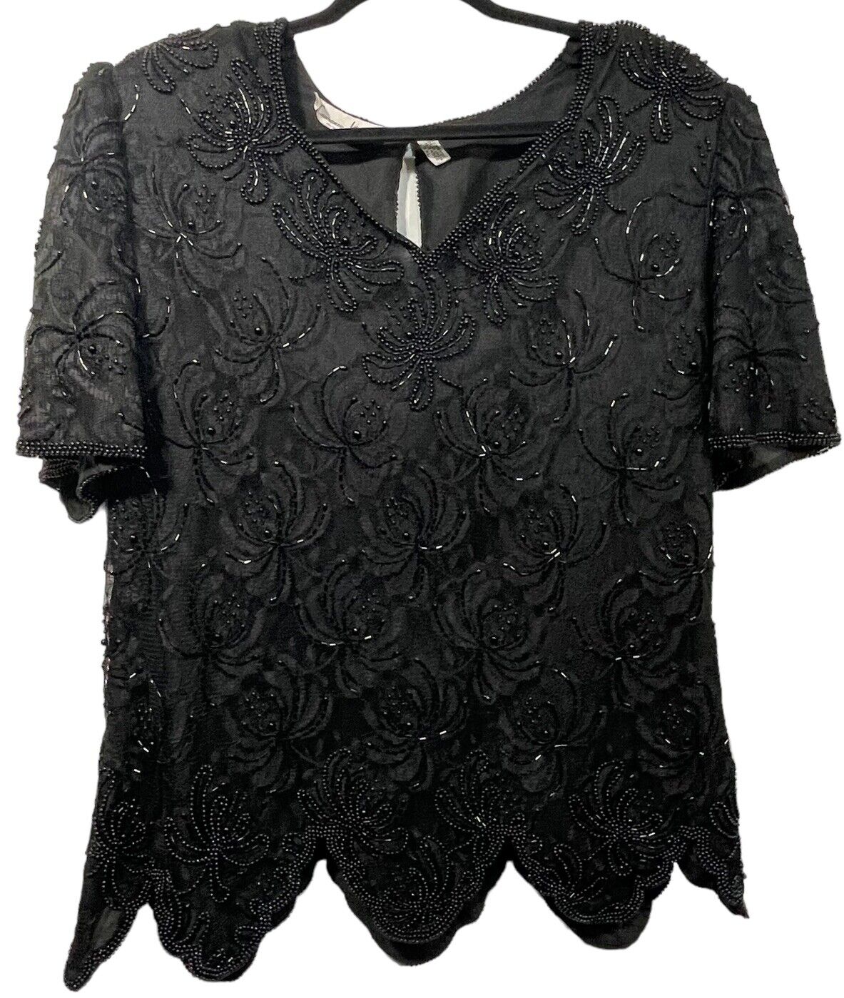 Laurence Kazar Womens XXL  Black Beaded Blouse V … - image 1