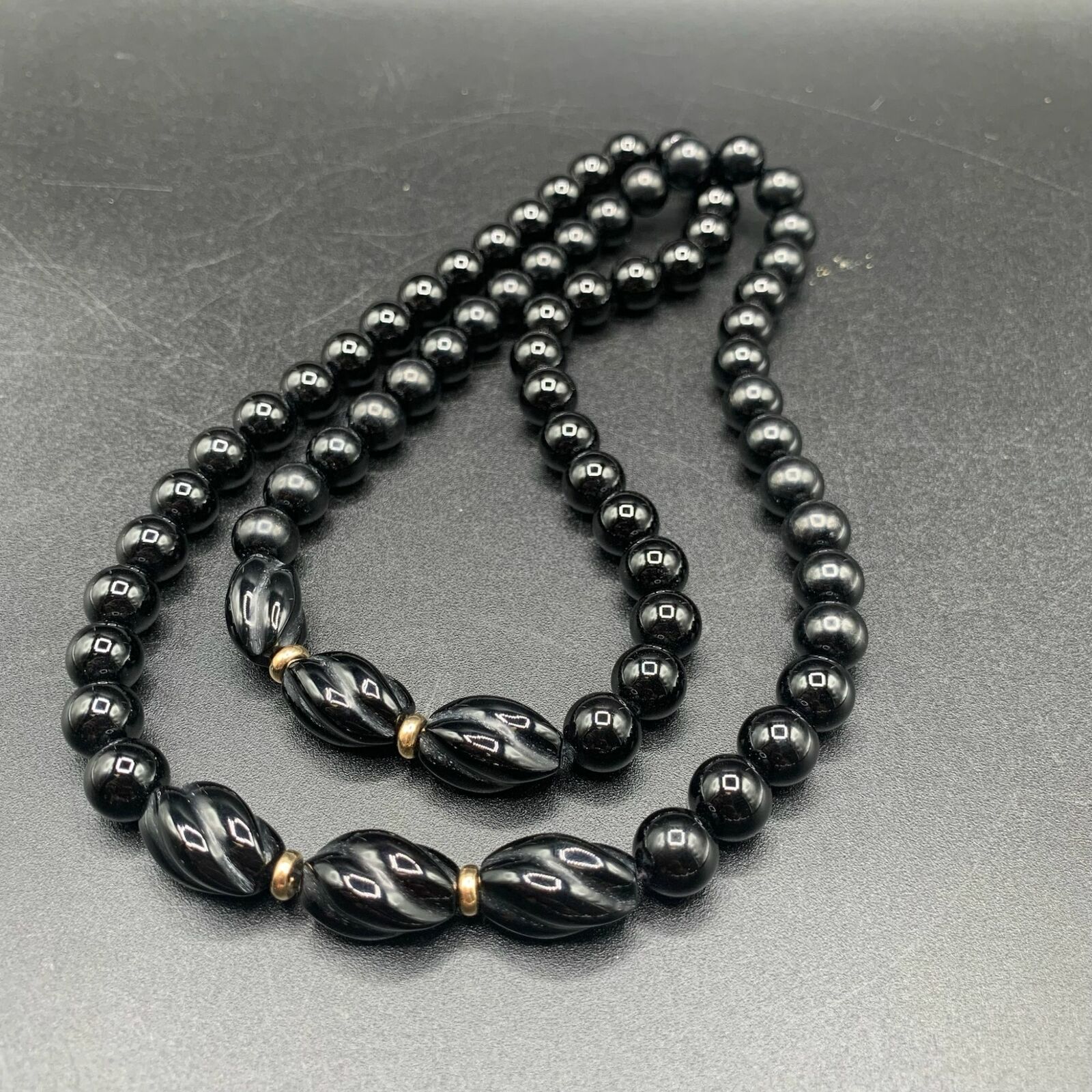 Black Onyx Necklace Beaded Long Strand 14K Gold S… - image 6