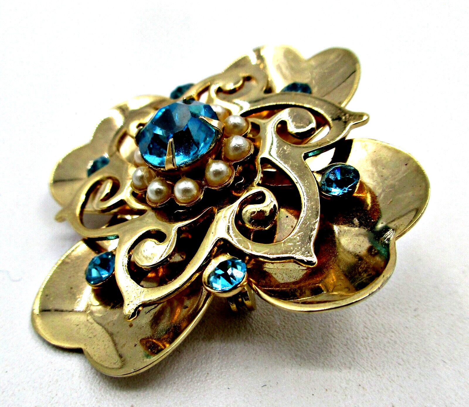 Vintage Unsigned Coro Brooch Flower Blue Rhinesto… - image 4