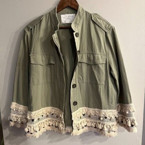 ZARA Women's Olive Green Twill Button Down Tassel… - image 1