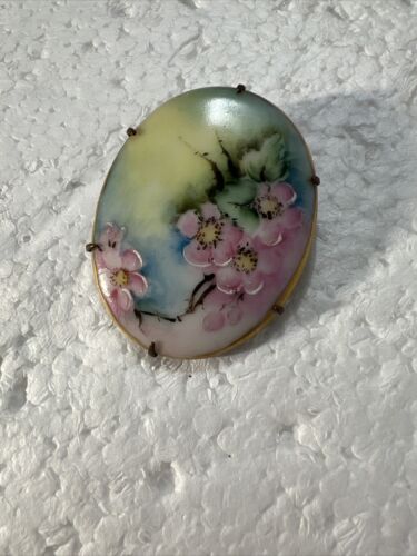 Victorian Hand Painted Porcelain Flowered Brooch - image 1