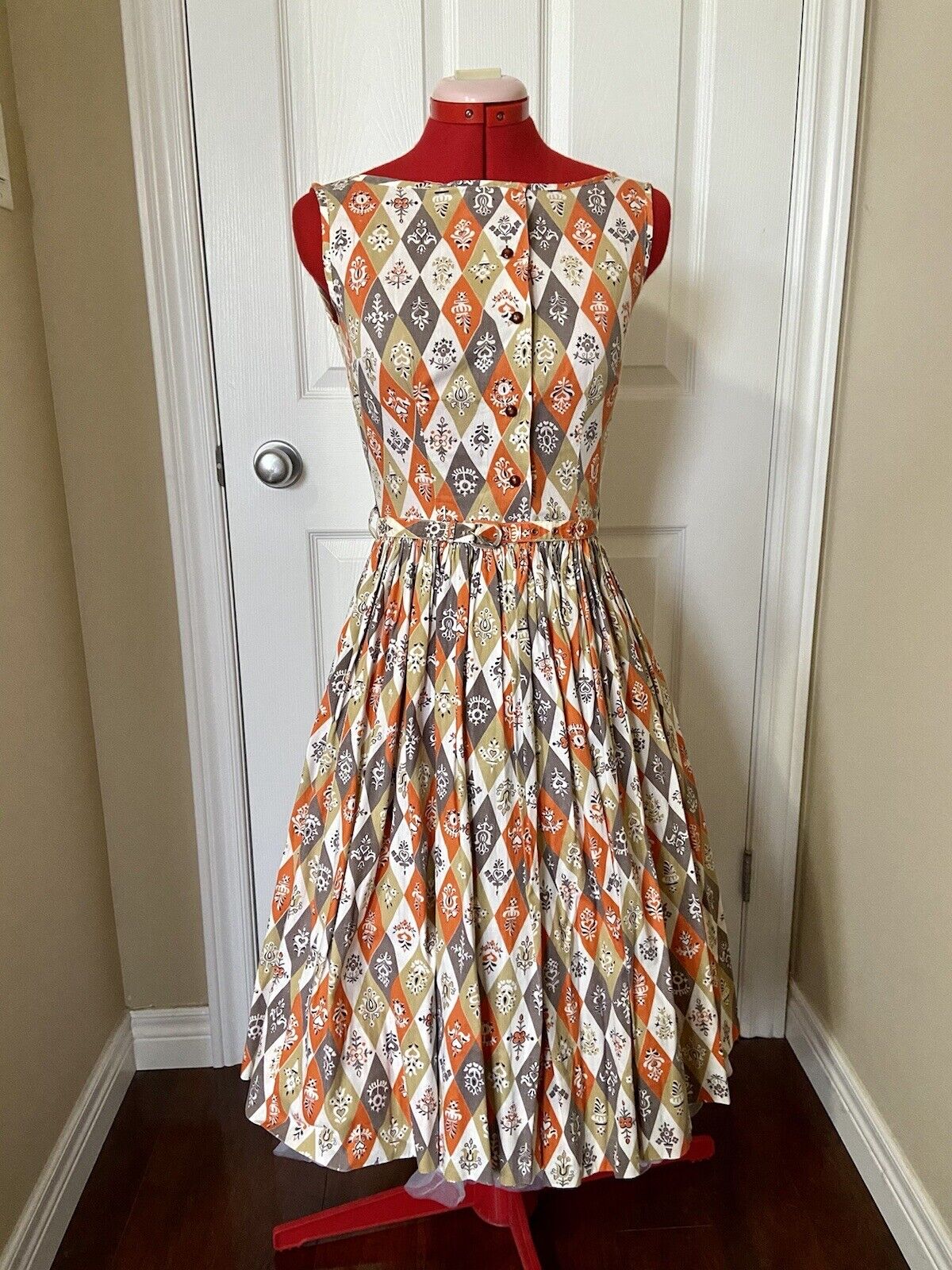 1950s Handmade Harlequin Print cotton dress orang… - image 1