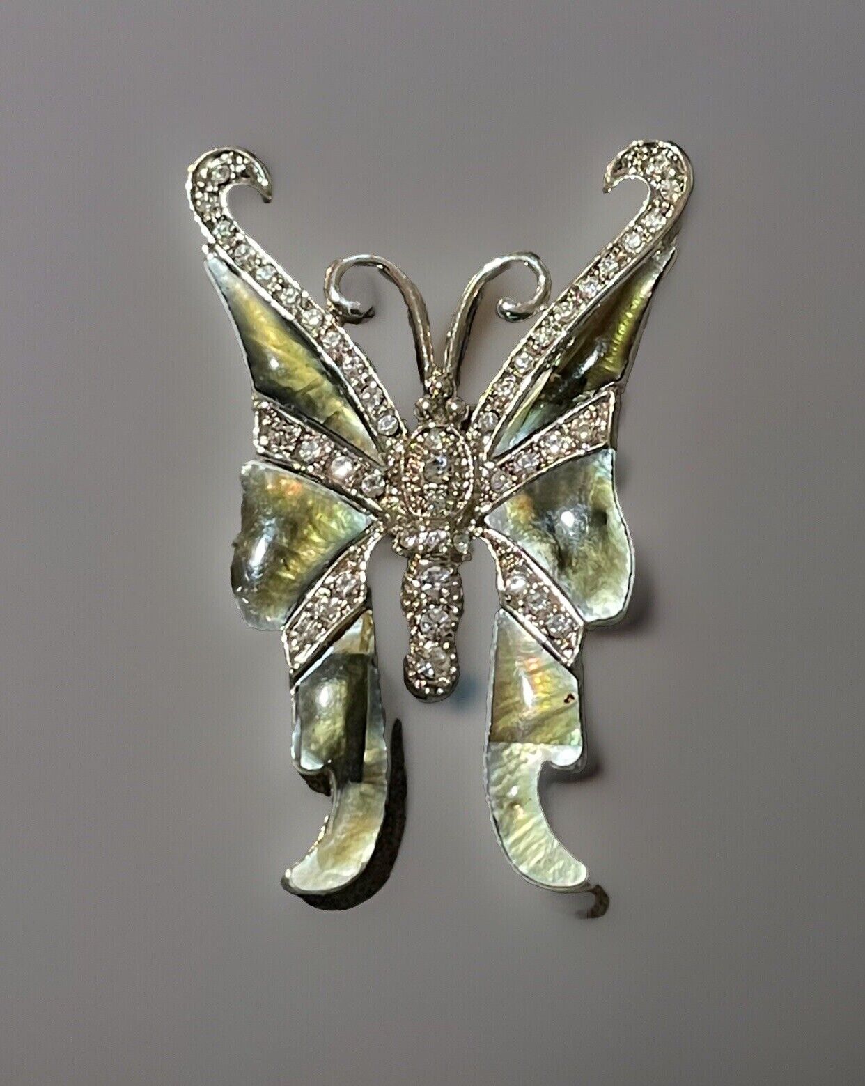 Abalone Butterfly Rhinestone Brooch 2” Green Pink… - image 2