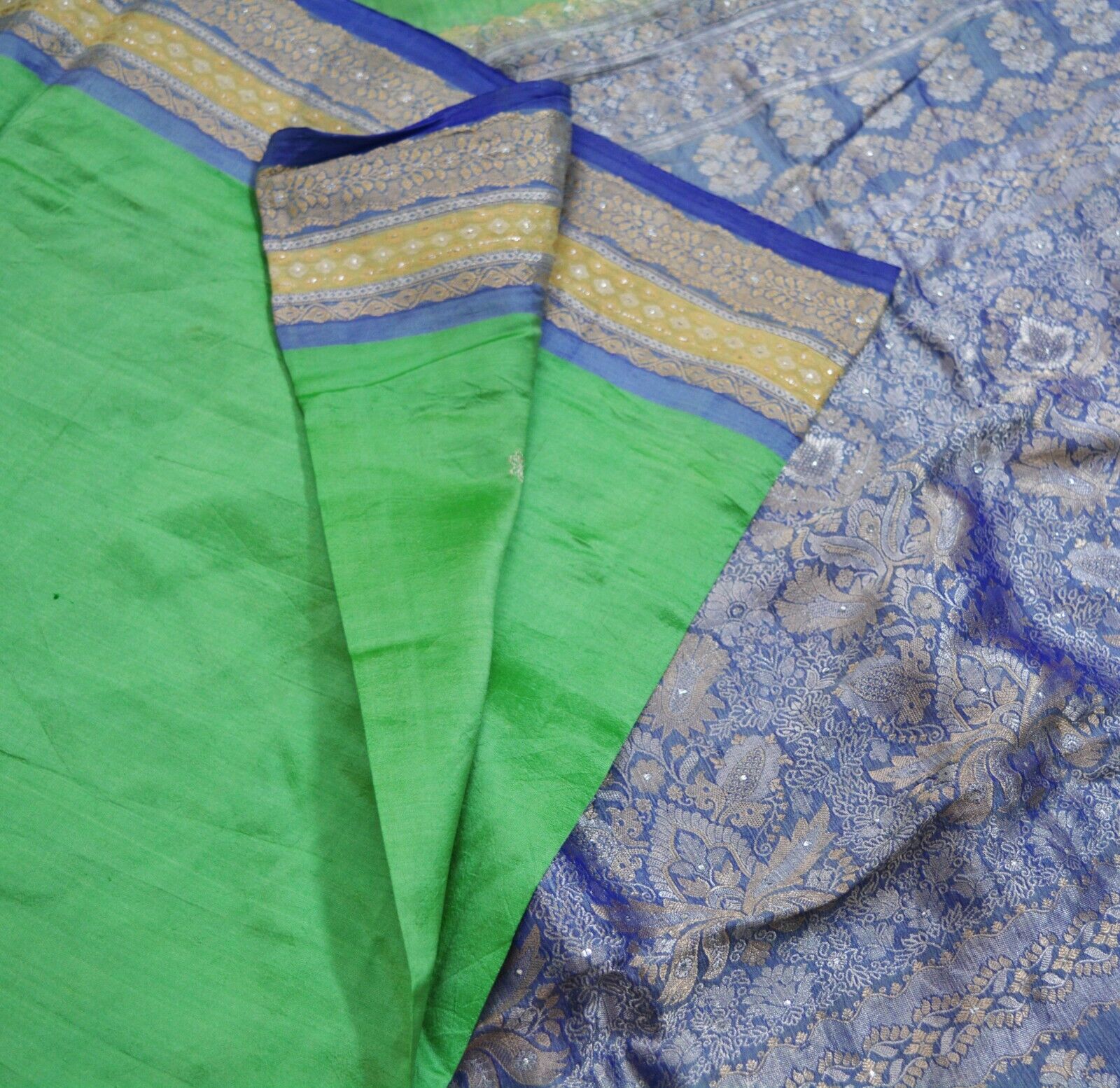 Vintage Heavy Saree Blue & Green Pure Silk Hand W… - image 6