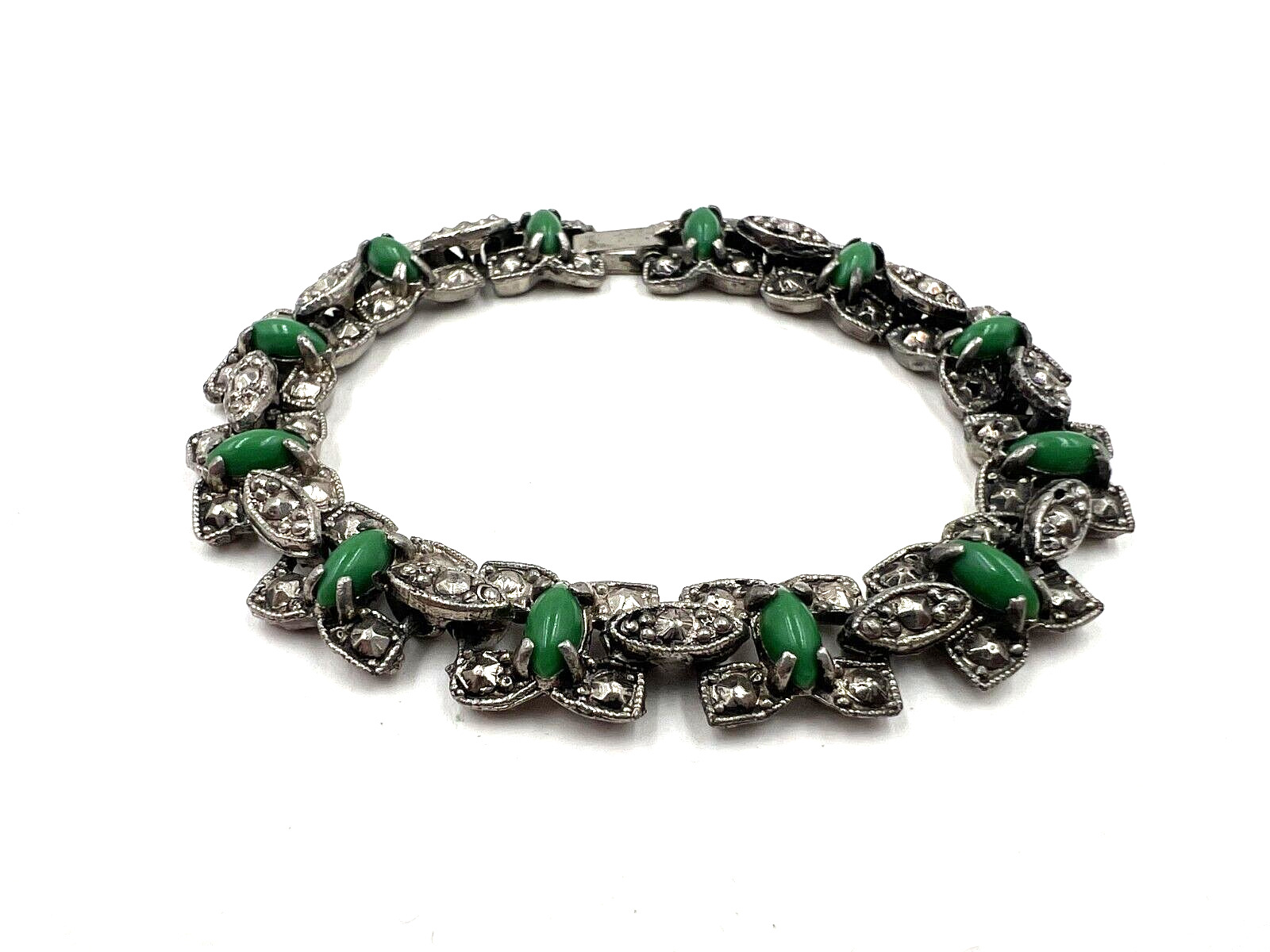 ANTIQUE ART DECO BRACELET GREEN JADE GLASS CABOCH… - image 12