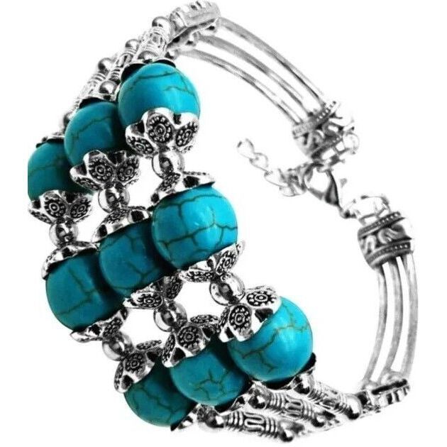 Women Turquoise Bead Bracelet 3-Ply Tibetan Silve… - image 5