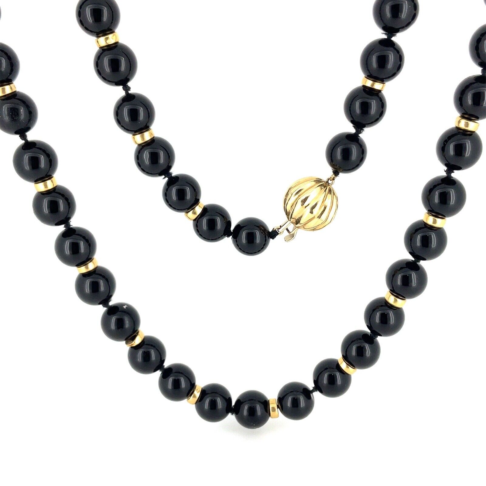 Long Black Onyx 14K Yellow Gold 10mm Bead Necklac… - image 2