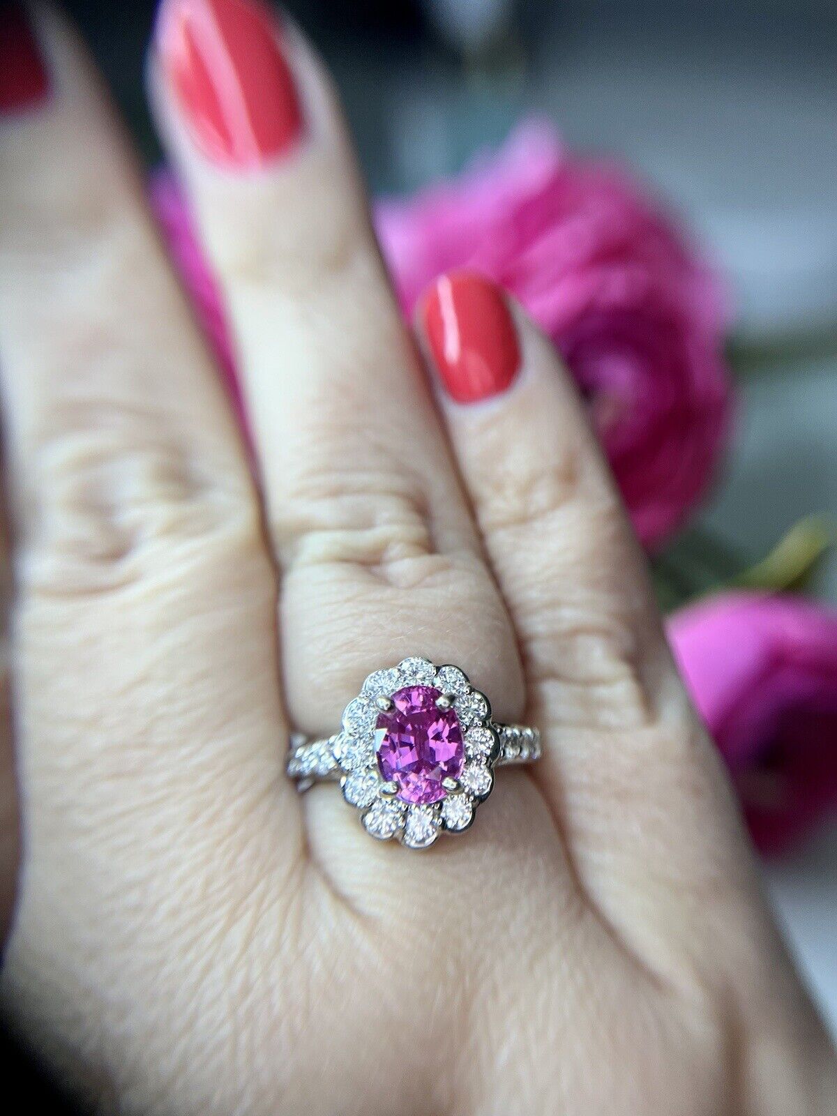 Vintage Platinum Natural Pink Sapphire Diamond Ha… - image 2