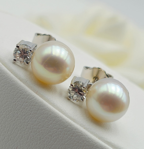 Pearl Brilliant Stud Earrings - 585 White Gold - … - image 2