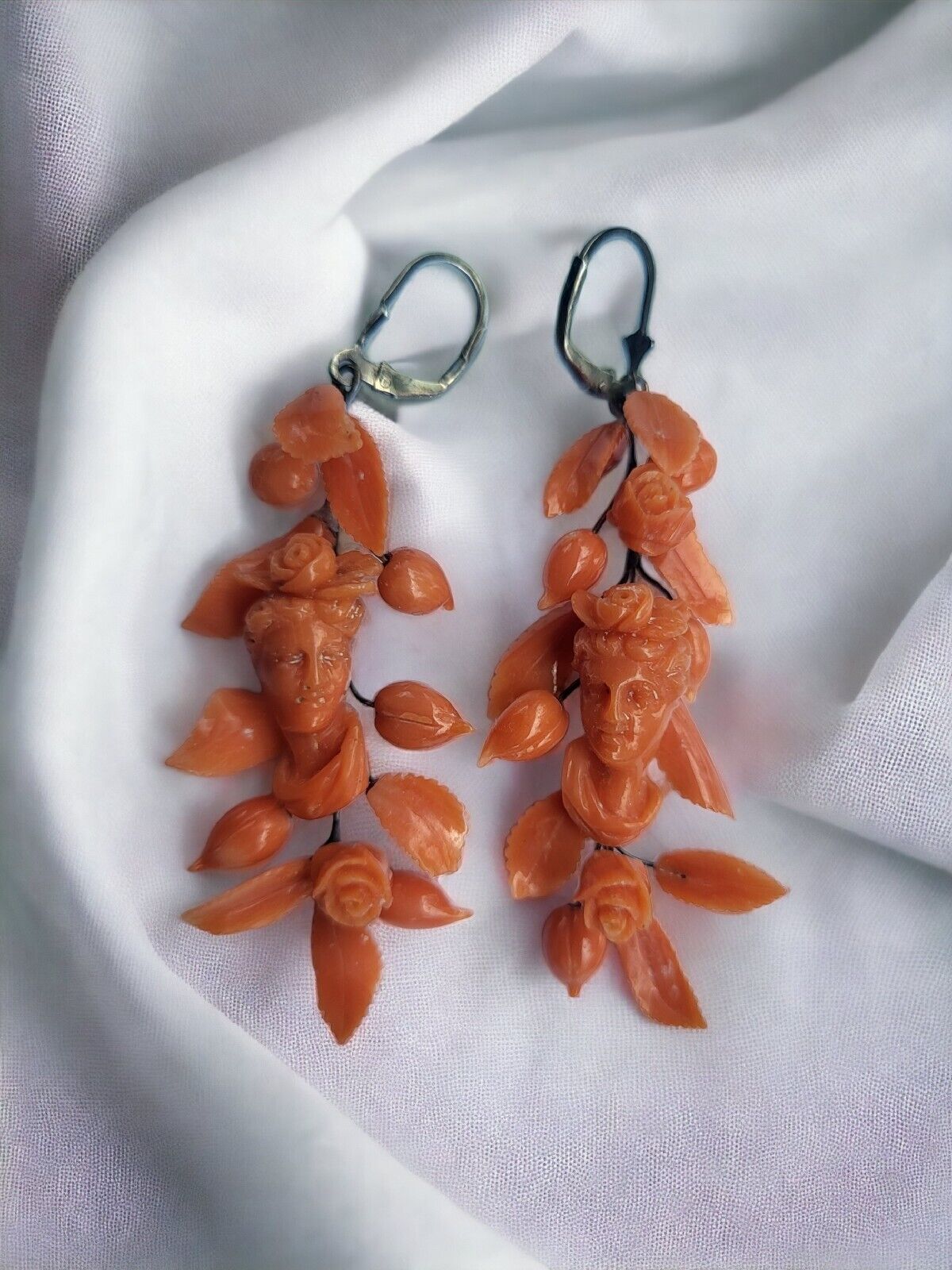 19th Century Coral 14 Karat Yellow Gold Dangle Ea… - image 5