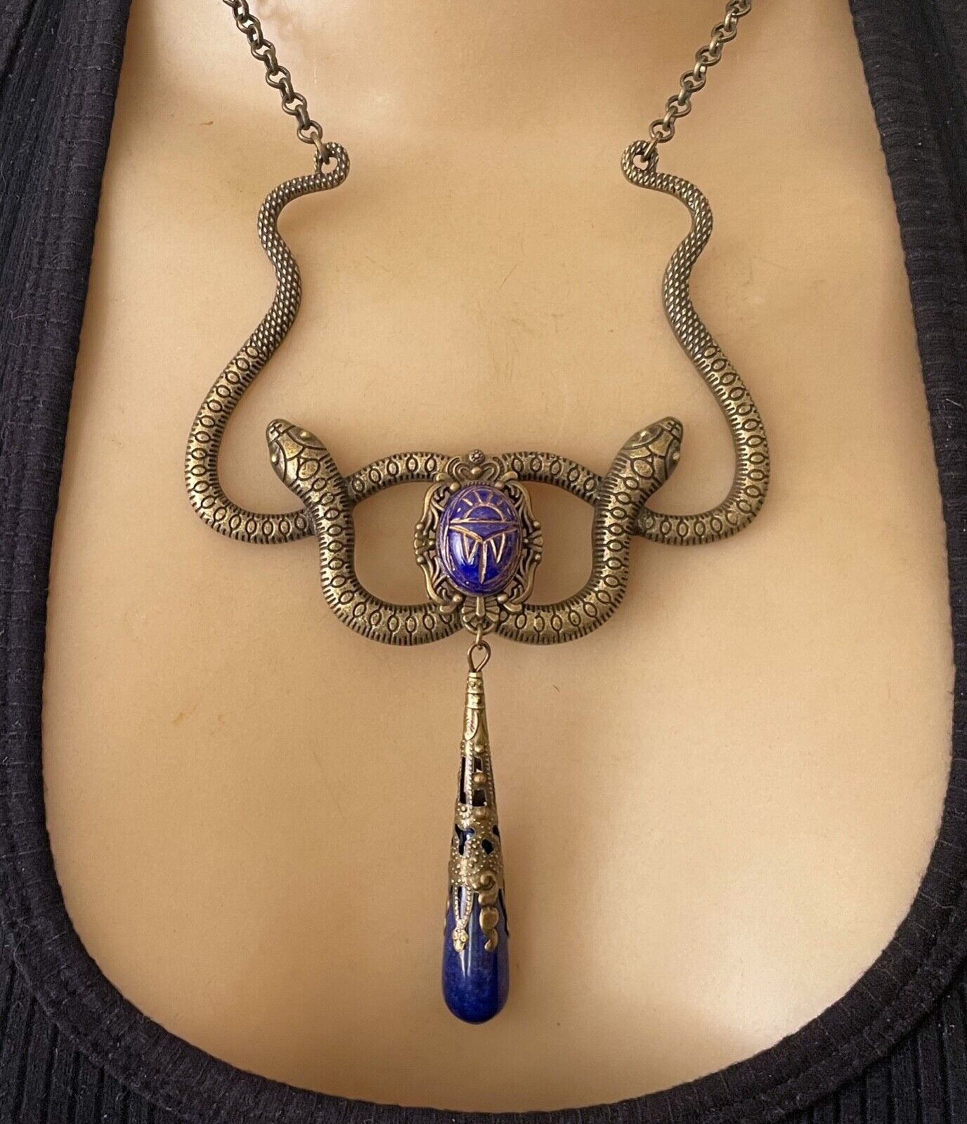 Double Snake Necklace Wide Serpent Bib Pendant Eg… - image 1