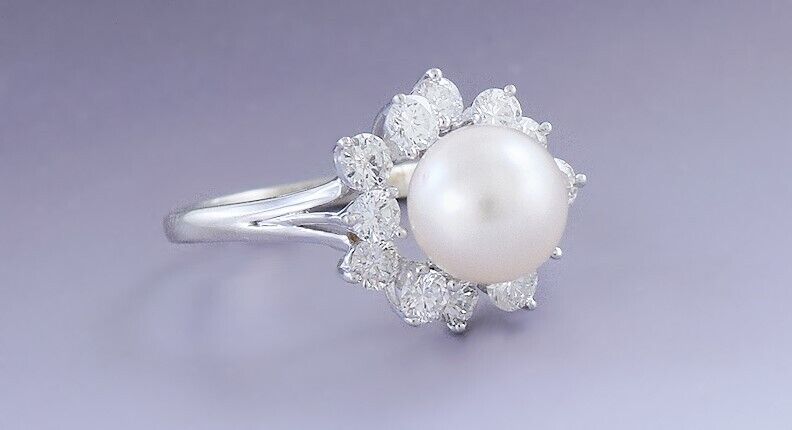 Dazzling 14k White Gold 8.7mm Pearl & ~1.2-1.3ct … - image 2