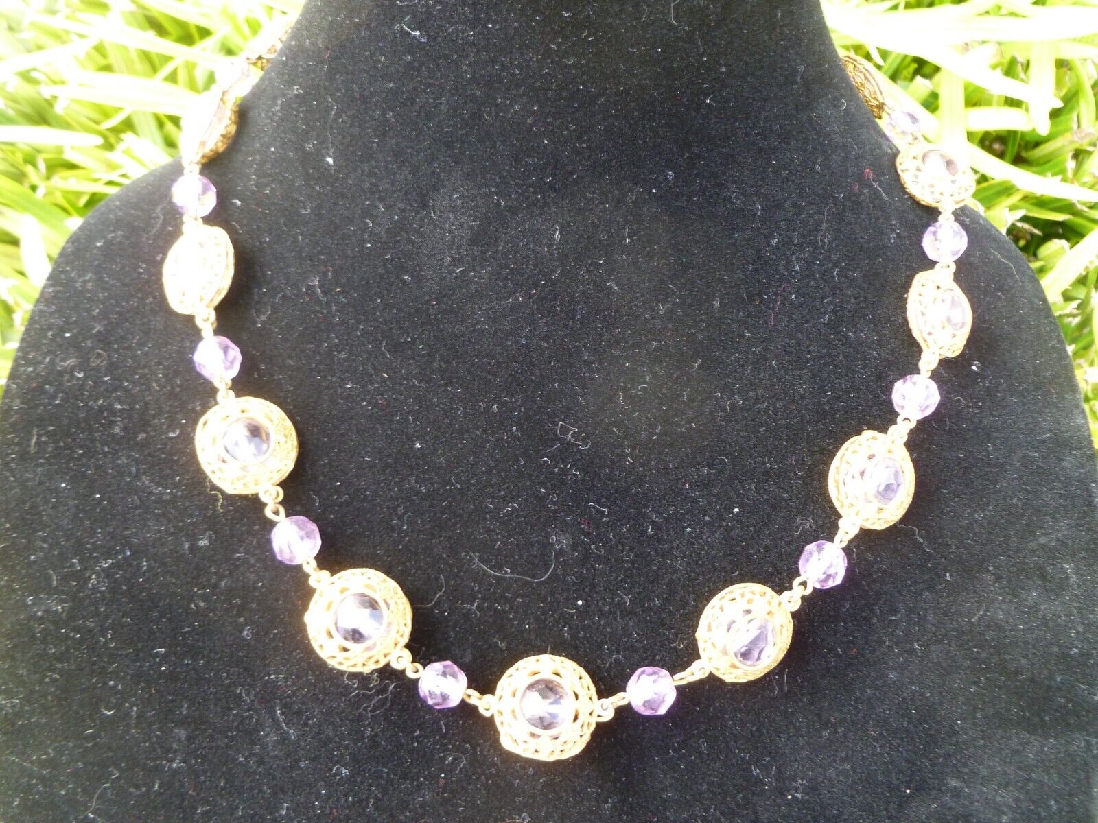 Antique Czech Glass Purple Crystal Bead 19" Gold … - image 3